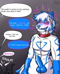 2023 animal_genitalia animal_penis anthro artist_name balls biped blue_ear_tip blue_genitals blue_hands blue_markings blue_nose blue_penis blue_tail_tip blush blush_lines bodily_fluids canid canine canine_genitalia canine_penis cheek_tuft collar collar_only control_collar davidylego dialogue dipstick_tail english_text erection facial_tuft fox fur genital_fluids genitals good_boy hypnosis leaking_precum male mammal markings mind_control multi_tail multicolored_body multicolored_fur nude offscreen_character penis precum red_collar ringed_eyes snapping_fingers speech_bubble spiked_collar spikes spiral standing tail tail_markings text tongue tongue_out tuft white_body white_fur