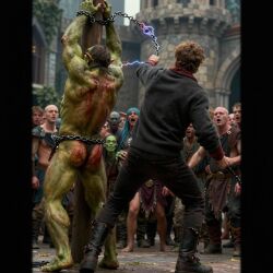 ai_generated bara bondage bound castle male male_only muscle odinseye orc solo solo_male tied whip whipping