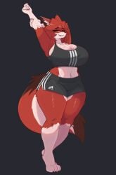 1girls anthro breasts female female_only furry furry_female furry_only kemisk_landfill looking_at_viewer multicolored_fur oc original_character red_fur red_hair sports_bra sports_shorts stretching stretching_arms tagme tagme_(character) tail thighs white_fur