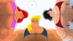 2014 3girls abs artist_name atariboy biceps big_biceps big_breasts big_muscles big_trapezius black_hair blonde_female blonde_hair blue_eyes breasts firen_(atariboy) green_eyes hilda_(atariboy) hyper_muscles light-skinned_female light_skin long_hair looking_at_viewer massive_cuties_(atariboy) mindy_(atariboy) muscles muscular muscular_arms muscular_female nipple_bulge pov red_hair seductive_look seductive_smile short_hair tied_hair tight_clothing trapezius underwear veiny_muscles