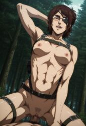 ai_generated arm_behind_head assertive_female attack_on_titan brown_hair chest_harness cowgirl_position eyepatch female forest glasses hanji_zoe harness looking_at_viewer mappa mature_female nipples nude official_style outdoors pleasure_face pubic_hair seductive_smile sex shingeki_no_kyojin short_ponytail small_breasts straight strap sweat thigh_strap toned_female