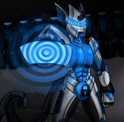 1_horn 2023 abs anthro biped chastity_bulge chastity_device cheek_spikes davidylego detailed_background drone facial_spikes front_view hi_res horn hypnotic_visor hypnotizing_viewer hypnovember kobold lock_bulge lock_symbol looking_at_viewer machine male metallic_body robot robot_anthro scalie silver_body spikes spikes_(anatomy) spiral standing