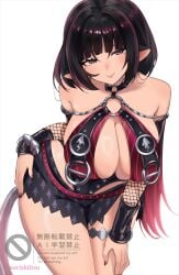 1girls absurdres alternate_breast_size_(larger) animal_ears artist_name bare_shoulders black_hair black_one-piece_swimsuit black_sarong blue_eyes breast_curtains breasts choker closed_mouth commentary cowboy_shot english_commentary female fishnet_sleeves fishnets hand_on_own_hip hand_on_own_leg head_tilt highres jane_doe_(nocturne_of_light)_(zenless_zone_zero) jane_doe_(zenless_zone_zero) large_breasts leaning_forward leather_leotard long_hair looking_at_viewer mouse_ears mouse_girl mouse_tail multicolored_hair norishiitsu o-ring o-ring_choker official_alternate_costume one-piece_swimsuit red_hair red_nails red_one-piece_swimsuit sarong simple_background smile solo swimsuit tail thigh_strap two-tone_one-piece_swimsuit white_background zenless_zone_zero