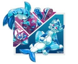 2026 abstract_background ambiguous_gender animate_inanimate anthro big_tail blue_body canid canine clothing digital_drawing_(artwork) digital_media_(artwork) digitigrade edging fox glistening glistening_latex hi_res inflatable krita_(artwork) latex living_inflatable lock_symbol male mammal mintychipart null_bulge pawpads pool_toy pooltoy_transformation presenting red_eyes seam_(sewing) shaded shark_tail sitting sitting_on_ground solo tail torn_clothing