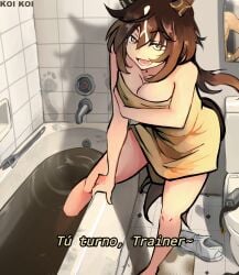 boobs brown_hair dirty dirty_feet dirty_girl dirty_water feet spanish spanish_dialogue spanish_text stay_gold_(umamusume) tagme umamusume umamusume_pretty_derby
