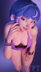 1girls 3d asian asian_female blizzard_entertainment bracelet braless breasts brown_eyes downblouse female juno_(overwatch) nipples overwatch purple_hair small_breasts solo sovftwarensfw two-tone_hair