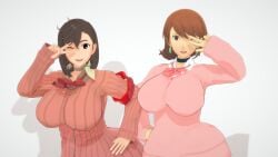 16:9 2girls 3d atlus ayase_momo ayase_momo_(cosplay) big_breasts breasts brown_eyes brown_hair cosplay costume_switch crossover dandadan female female_only huge_breasts koikatsu large_breasts megami_tensei momo_ayase multiple_girls outfit_swap peace_sign persona persona_3 short_hair smile ultimaxrenstash upper_body upskirt yukari_takeba yukari_takeba_(cosplay)