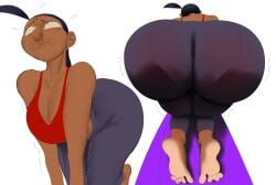 2025 ahoge arched_back ass ass_focus back_arch barrybbeesly big_ass bindi black_hair cat_pose dark-skinned_female dark_hair dark_skin fat_ass feet indian indian_female mature mature_woman milf rear_view red_tank_top sabahda soles tank_top white_background yoga yoga_mat yoga_pants