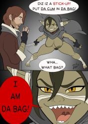 2026 2_panel_comic absurd_res bandage big_breasts black_hair breasts caleb_widogast cloak clothing critical_role dagger duo english_text female genitals goblin green_body green_nipples green_skin hair hi_res hood human humanoid humanoid_pointy_ears male male/female mammal melee_weapon mostly_nude_female nipples nott nott_the_brave nott_the_brave_(critical_role) pointy_ears pubes sharp_teeth shortstack simple_background speech_bubble teeth text weapon yellow_eyes zoobastik