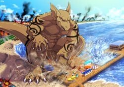 4_toes 5_fingers abs amusement_ride anthro arm_tattoo balls beach biceps biped brown_body building building_destruction city city_background city_crushing city_destruction cityscape claws crouching destruction detailed_background dragon erection extreme_size_difference feet ferris_wheel finger_claws fingers footprint foreskin genitals group hi_res house humanoid_genitalia humanoid_penis landscape_dwarfing macro macro_anthro macro_male male muscular muscular_anthro muscular_male mythological_creature mythological_scalie mythology nude open_mouth outside pawprint paws pecs penile penis rampage red_eyes roller_coaster sand scalie sea seaside size_difference sky smashing smile solo_focus stick_figure stomping tail tattoo tatugon tephros toe_claws toes water