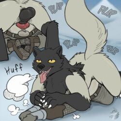 absurd_res anal anal_sex animal_genitalia anus arkailart backsack balls bottomwear bottomwear_down breath capcom clothed clothing fanged_wyvern feral feral_penetrating fluffy fluffy_chest fluffy_neck_fur from_behind_position genitals hi_res human human_on_feral humping interspecies knot knotted_penis lying lying_on_another male male/male mammal monster monster_hunter on_front panting pants pants_down partially_clothed penetration penis plap plap_(sound) prone_bone_position sequence sex sheath snow speed_bump_position tundra wulg zoophilia