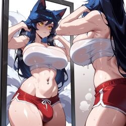 1futa ahri ahri_(league_of_legends) ai_generated animal_ear_fluff animal_ears armpits arms_up ass bare_shoulders black_hair blush breasts bulge clothing covered_penis cowboy_shot crop_top dolphin_shorts facial_mark female fox_ears fox_girl fox_tail futanari intersex kyuubi large_breasts league_of_legends long_hair looking_at_mirror lunaart micro_shorts midriff mirror multiple_tails navel navel_piercing orange_eyes parted_lips piercing red_shorts reflection riot_games short_shorts shorts slit_pupils solo sports_bra sportswear stomach strapless sweat tail testicles thighs tube_top underwear wet whisker_markings white_tail yellow_eyes
