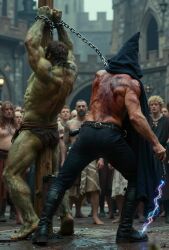 ai_generated bara bondage bound castle male male_only muscle odinseye orc solo solo_male tied whip whipping