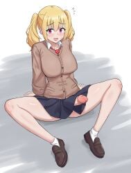 1futa :d absurdres accidental_exposure bare_legs blonde_hair blush bottomless breasts brown_shoes cardigan clothed clothing commentary embarrassed english_commentary erection fallen_down female flying_sweatdrops full_body futa_only futanari highres kurofuro large_breasts light-skinned_futa light_skin loafers long_hair miniskirt mostly_clothed necktie original penis pink_eyes red_necktie school_uniform shirt shoes skirt smile socks solo twintails uncensored white_shirt white_socks