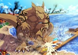 4_toes 5_fingers abs amusement_park amusement_ride anthro arm_tattoo balls beach biceps biped bodily_fluids brown_body building building_destruction city city_background city_crushing city_destruction cityscape claws crouching cum cum_on_ground cumshot destruction detailed_background dragon ejaculation erection extreme_size_difference feet ferris_wheel finger_claws fingers footprint foreskin genital_fluids genitals group hi_res house humanoid_genitalia humanoid_penis landscape_dwarfing macro macro_anthro macro_male male muscular muscular_anthro muscular_male mythological_creature mythological_scalie mythology nude open_mouth orgasm outside pawprint paws pecs penile penis rampage red_eyes roller_coaster sand scalie sea seaside size_difference sky smashing smile solo_focus stick_figure stomping tail tattoo tatugon tephros toe_claws toes water