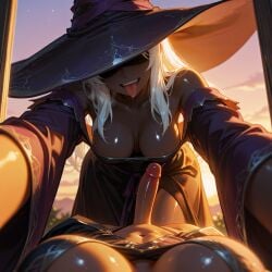 2girls ai_generated bare_shoulders breasts breasts_apart cleavage dark-skinned_female dark_skin downblouse dress elden_ring elden_ring_nightreign erection female_pov futa_with_female futanari hat large_breasts long_hair multiple_girls navel off-shoulder_dress off_shoulder open_mouth penis pov pov_crotch recluse_(nightreign) saliva shiny_skin sky smile solo_focus sunset sweat teeth tongue tongue_out twoderrick uncensored white_hair witch_hat