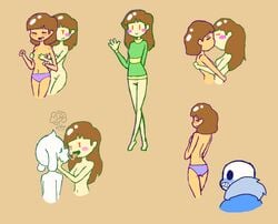 asriel_dreemurr blush bottomless breasts brown_hair chara dark_brown_hair exhibitionism female flowey_the_flower frisk goat kissing multiple_girls nekuzx panties red_eyes sans skeleton topless undead undertale underwear video_games yuri