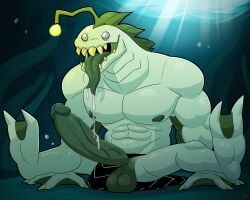 abs alien anthro balls ben_10 big_penis blush blush_lines bodily_fluids cartoon_network drooling feet genitals green_body hi_res leothelionel long_tongue male marine membrane_(anatomy) muscular muscular_male nipples penis piscciss_volann ripjaws saliva simple_background solo toes tongue underwater water webbed_feet webbed_hands