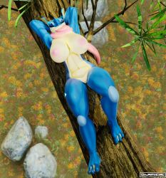 3d_(artwork) absurd_res anthro areola big_breasts blue_body blush breasts digital_media_(artwork) feet female flower forest generation_6_pokemon genitals greninja hi_res huge_filesize nintendo nipples nude okamical open_mouth plant pokemon pokemon_(species) sleeping smile solo spread_legs spreading sunbathing thick_thighs toes tongue tongue_out tree vulva