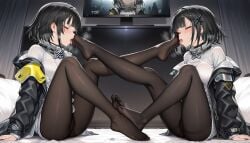 2girls ai_generated arknights arknights:_endfield arm_support black_pantyhose endministrator_(arknights) licking_foot saliva sofa tongue yuri