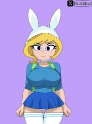 1girls adventure_time anal_object_insertion animal_hood artist_name ass backpack bag blonde_hair blue_shirt blue_skirt blue_sky blush breasts cartoon_network clothes_lift clothes_pull cloud day female fionna_and_cake fionna_campbell fionna_the_human_girl from_behind hi_res hood lake long_sleeves looking_at_viewer looking_back medium_breasts miztliart nipples no_bra no_panties object_insertion outdoors pussy rabbit_hood shirt shirt_lift skirt skirt_pull sky solo thighhighs uncensored upskirt water white_panties white_thighhighs