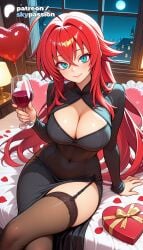 1girls 2026 ahoge ai_assisted ai_generated anime artist_name big_breasts box breasts bust busty drinking_glass explicit garter_straps gift gift_box hi_res high_quality high_resolution high_school_dxd highres large_breasts long_hair patreon patreon_username petals red_hair rias_gremory rose_petals skypassion smile stable_diffusion thighhighs valentine valentine's_day watermark window wine wine_glass