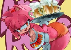 amy_rose anthro ass beer bent_over character_name cleavage hanging_breasts hooters_uniform huge_breasts kyugata looking_at_viewer naughty_face orange_eyes pink_hair sega serving_tray short_shorts smile sonic_(series) sonic_cd sonic_the_hedgehog_(series) thick_ass thick_thighs white_gloves