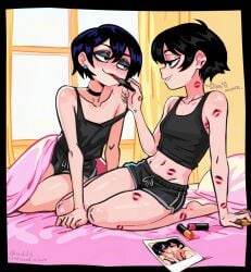 1boy 1femboy 1girls ai_generated bed belly belly_button black_choker breasts choker dialogue female femboy imminent_sex in_love kiss_mark kiss_marks kissing lips lipstick lipstick_mark male osidid photo pillow talking tomboy