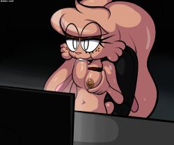 absurd_res anthro blackmore blair_(blackmore) bodily_fluids breast_play breast_suck breasts buckteeth computer ears_down electronics female freckles half-closed_eyes hi_res inside lagomorph leporid mammal monitor narrowed_eyes navel pivoted_ears rabbit saliva saliva_on_breasts solo sucking teeth