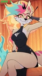 ai_generated armpits crossed_legs dress ends34 furry_female helluva_boss queen_bee-lzebub_(helluva_boss) sitting