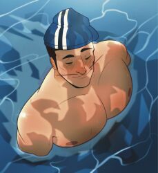 1boy big_breasts big_chest big_pecs blush chest closed_eyes cute flushed handsome happy hat hat_only implied_erection implied_nudity in_water lazytown male male_only moustache no_visible_genitalia on_water peaceful pecs sfw shirtless skinny_dipping smiling solo solo_male sportacus tagme wholesome xknookie
