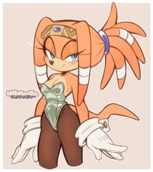 alternate_costume artist_name black_pantyhose blue_eyes border breasts bunnysuit cleavage female furry furry_female gloves grey_background highres leotard looking_at_viewer milkchaotea orange_fur outside_border pantyhose playboy_bunny sega silver_leotard simple_background solo sonic_(series) sonic_adventure sonic_the_hedgehog_(series) strapless strapless_leotard tail tikal_the_echidna white_border white_gloves