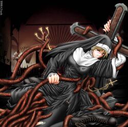 2000 blood crucifix faith_(artist) faith_(sbi) habit implied_penetration interspecies monster monster_on_female multiple_penetration nun resisting restrained_by_tentacles tentacle_rape tentacles_under_clothes torn_clothes