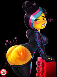 alternate_version_available ass biting_lip black_hair blue_hair blush female freckles hand_print highlights lego mob_face pants_down shadman solo spanked the_lego_movie wyldstyle yellow_skin