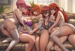 2026 5girls absurd_res ai_generated ass blue_eyes breasts brown_hair choker couch earrings enmaai female_only fishnets go-toubun_no_hanayome group_picture hair_ornament highres incest kissing large_ass large_breasts light-skinned_female light_skin lingerie living_room nakano_ichika nakano_itsuki nakano_miku nakano_nino nakano_yotsuba orange_hair pink_hair quintuplets red_hair self_upload sisters thick_thighs yuri