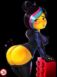 1girls alternate_version_available ass black_hair blue_hair blush bubble_ass dat_ass female female_only freckles highlights lego mob_face pants_down shadman solo the_lego_movie wyldstyle yellow_skin