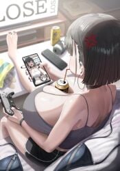 2girls between_breasts big_breasts black_hair black_nail_polish black_nails booruguru breasts camisole controller dualsense ear_piercing ear_ring earrings fat_breasts feet feet_up female female_only flat_belly goth_(booruguru) huge_breasts large_breasts mole mole_under_eye navel phone photo_(object) ps5_controller ring ring_piercing shorts sleaze_(booruguru) soda soda_can tank_top thick_thighs thighs