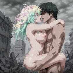ai_generated arms_around_neck big_breasts boku_no_hero_academia city_destruction curvy_body debris faceless_male french_kiss french_kissing grey_sky hagakure_tooru hagakure_tooru_(visible) hugging_legs kissing kissing_while_penetrated muscular_male my_hero_academia neck_hold nude nude_female nude_male open_mouth sex sideboob stand_and_carry_position standing standing_male standing_sex sweating sweating_profusely sweaty_body tongue_kiss tongue_kissing tooru_hagakure tooru_hagakure_(visible)