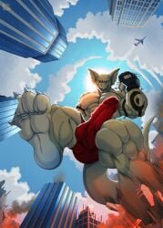 4_toes 5_fingers abs aircraft airplane anthro arm_tattoo balls balls_outline biceps biped bodily_fluids boxer_briefs brown_body building building_destruction bulge city city_background city_crushing city_destruction cityscape claws clothed clothing crush daru_brek destruction detailed_bulge dragon erection erection_under_briefs erection_under_clothing feet finger_claws fingerless_gloves fingers fire genital_fluids genital_outline genitals gloves handwear hi_res house humanoid_genitalia humanoid_penis landscape_dwarfing looking_at_viewer low-angle_view macro macro_anthro macro_male male muscular muscular_anthro muscular_male mythological_creature mythological_scalie mythology open_mouth outside pawpads paws pecs penile penis penis_outline rampage scalie sky smile solo stomping tail tattoo tephros toe_claws toes underwear vehicle