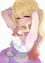 1girls absurdres armpits blonde_hair blush breasts commentary detached_sleeves english_commentary female fuzuki_miki fuzuki_miki_(3rd_costume) green_eyes hair_between_eyes half-closed_eyes hdukl highres indie_virtual_youtuber long_hair looking_at_viewer mole mole_under_eye multicolored_hair parted_lips sideboob simple_background small_breasts solo streaked_hair streamer sweat virtual_youtuber vtuber white_background youtube youtuber