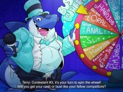 animal_genitalia anthro belly blue_body bodily_fluids bottomwear clothed clothing cum cum_in_ass cum_in_slit cum_inside cum_on_face cum_on_hand electronics fish game_show genital_fluids genital_slit genitals hat headgear headwear hi_res leothelionel looking_at_viewer male male/male marine microphone navel nipples overweight overweight_male pants partially_clothed shark sharp_teeth shirt simple_background solo tail teeth text topwear