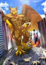 4_toes 5_fingers abs aircraft airplane anthro avian balls beak biceps biped bodily_fluids brown_body brown_fur building building_destruction carpo city city_background city_crushing city_destruction cityscape claws cum cum_on_ground cumshot destruction ejaculation erection extreme_size_difference feathered_wings feathers feet finger_claws fingers fire fur genital_fluids genitals gryphon hi_res house humanoid_genitalia jet landscape_dwarfing macro macro_anthro macro_male male military muscular muscular_anthro muscular_male mythological_avian mythological_creature mythology nude orgasm outside paws pecs penile penis rampage size_difference sky smile soldier solo stomping tail tank_(vehicle) tatugon toe_claws toes vehicle warrior wings