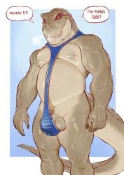 2026 anthro areola balls banana_da_boi barazoku bedroom_eyes belly biceps big_balls big_bulge big_muscles big_penis blue_background blue_mankini bodily_fluids border breath bulge claws clothed clothing dialogue dinosaur dripping flaccid foreskin french_text genital_fluids genitals grey_border hi_res humanoid_genitalia humanoid_penis ineffective_clothing looking_at_viewer louis_(serex) male male_only manly moobs musclegut muscular muscular_anthro muscular_male narrowed_eyes nipples non-mammal_balls non-mammal_nipples one-piece_swimsuit pecs penis penis_exposed_on_mankini precum precum_drip precum_through_clothing prehistoric_species red_mankini reptile saurischian scales scalie seductive signature simple_background skimpy sling_bikini smile solo standing swimwear talking_to_viewer teeth text theropod thick_arms thick_penis thick_thighs translated tyrannosaurid tyrannosauroid tyrannosaurus tyrannosaurus_rex unusual_clothing vein wet wet_clothing white_mankini