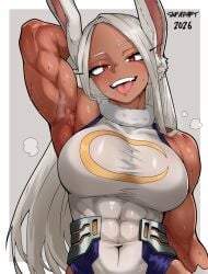 arm_up armpit armpit_fetish boku_no_hero_academia large_breasts miruko muscular_female my_hero_academia rumi_usagiyama sinpadart steam sweat sweaty tomboy tongue_out white_hair