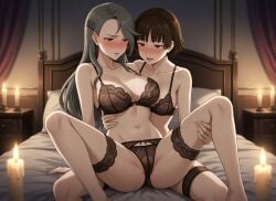 ai_generated bed bedroom bedroom_eyes blush braided_hair brown_hair candles grey_hair hairclip incest lap_sitting lingerie makoto_niijima night persona persona_(series) persona_5 red_eyes sae_niijima sister sister_and_sister sisters stockings sweat teenager