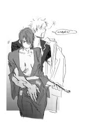 1boy 1girls chu_pumpkinhoe crotch_rub female genderswap_(mtf) gintama gintoki_sakata groping groping_through_clothes hair_over_one_eye kimono kiseru male monochrome nipple_slip no_bra pipe rule_63 short_hair smoking smoking_pipe takasugi_shinsuke very_short_hair yawn