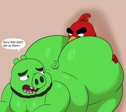 absurd_res angry_birds anthro ass ass_on_face avian beak beard big_butt bodily_fluids colossalstars cross-popping_vein domestic_pig facial_hair feathers green_body green_skin hi_res king_leonard_mudbeard male male/male mammal overweight overweight_male pig pinned pinned_by_butt pinned_to_wall red_(angry_birds) red_body red_feathers rovio_entertainment sega size_difference slightly_chubby slightly_chubby_male suid suine sus_(pig) sweat the_angry_birds_movie