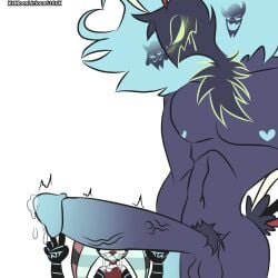 2boys asmodeus_(helluva_boss) big_penis clown cock_worship condoms demon fizzarolli_(helluva_boss) gay helluva_boss homosexual horny_male jester kaiju_cock_master muscles pose size_difference slutboy tagme