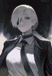 1girls artist_name black_jacket business_suit chainsaw_man collared_shirt eyepatch highres jacket long_hair looking_at_viewer necktie one_eye_covered one_eye_obstructed ponytail quanxi_(chainsaw_man) shirt_tucked_in solo solo_female suit tomatoketchup96 white_hair white_shirt