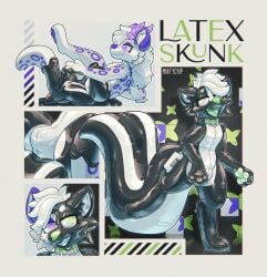 2025 abstract_background animate_inanimate anthro big_tail collar digital_drawing_(artwork) digital_media_(artwork) felid female goo_transformation green_collar green_eyes green_nose green_pawpads handle handles_on_hips hi_res horn infinity_symbol inflatable krita_(artwork) latex living_inflatable male mammal mephitid mintychipart null_bulge pawpads presenting purple_eyes purple_horn purple_spots sequence shaded skunk skunk_tail solo spots symbol tail text trans_woman transfem transformation transformation_sequence